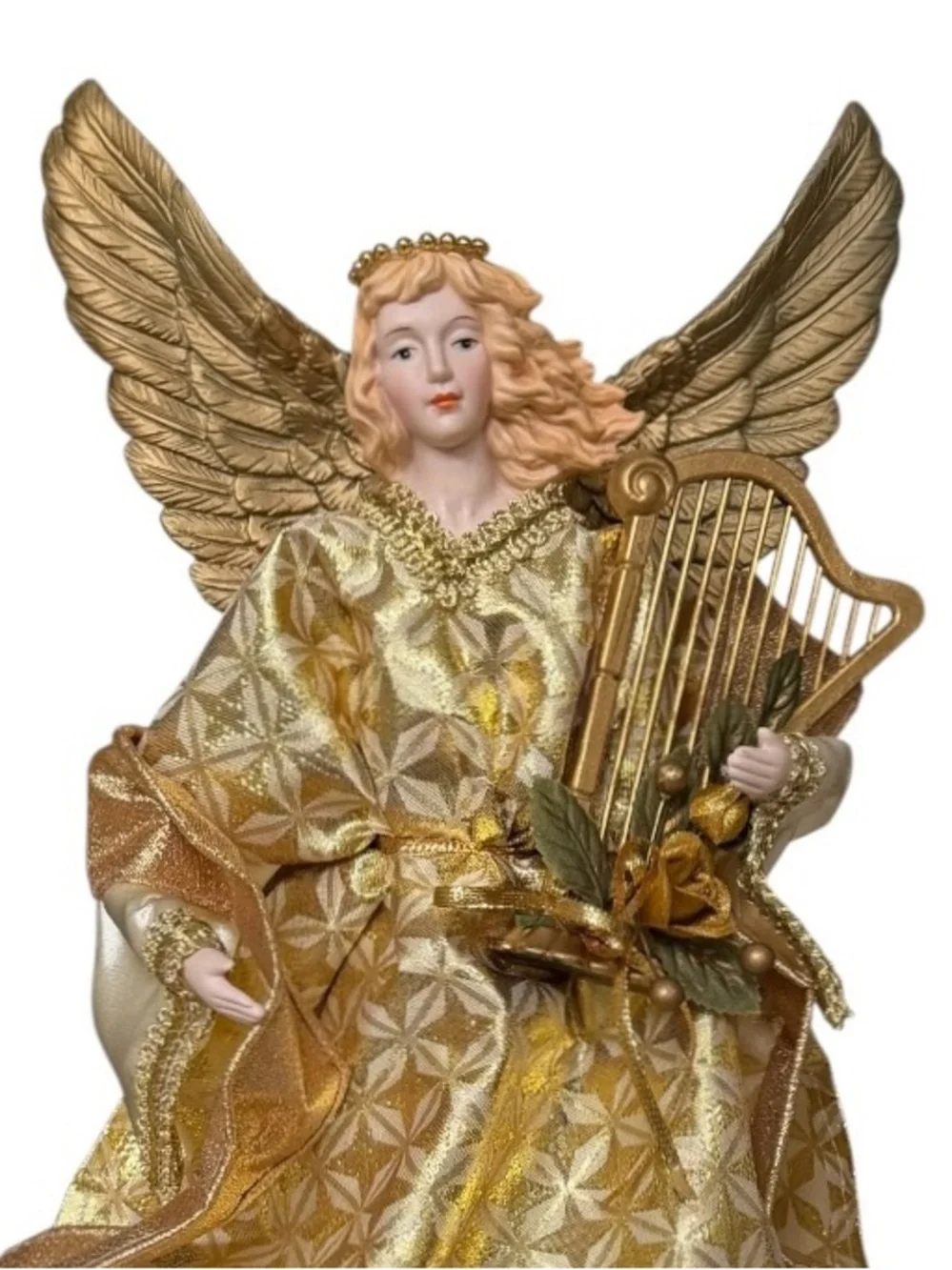 Victorian Gold Large Christmas Angel Tree Topper with Harp 17.5”H